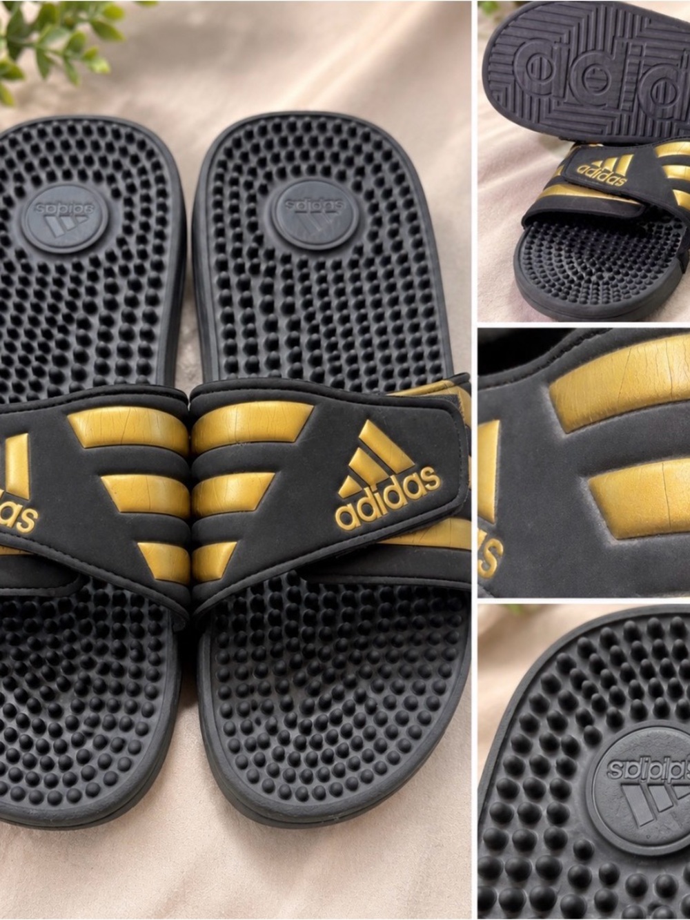 adidas men’s  Black and Gold Massage Slide Sandals